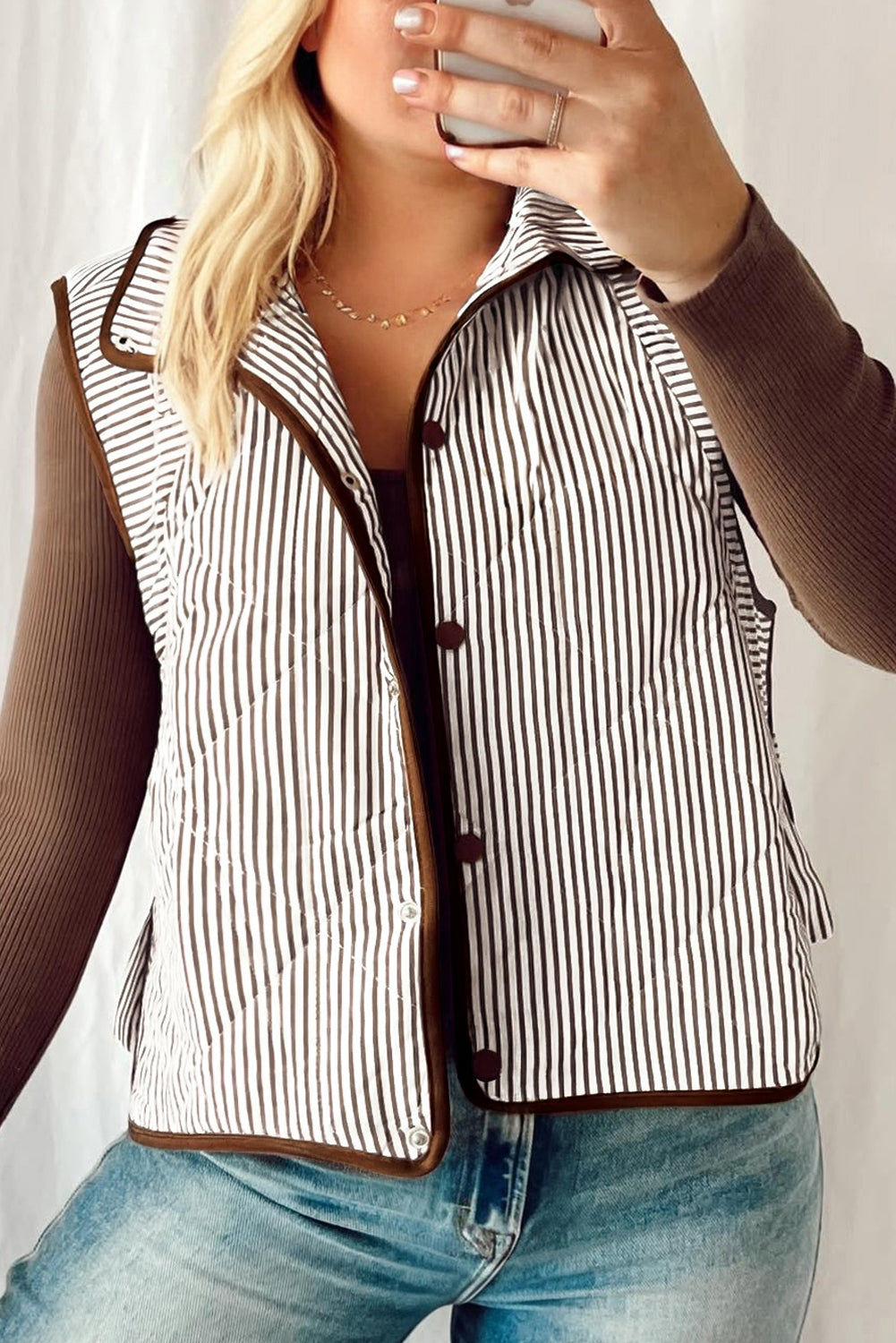 Brown Stripe Quilted Vest Plus Size Snap Button Wavy Hem Dear-Lover Dropshipping